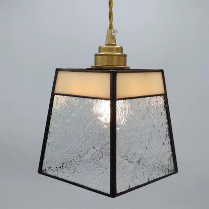 Traditional Vintage Brass Glass Cylinder Quadripartite Horn Lattice 1-Light Pendant Light For Dining Room