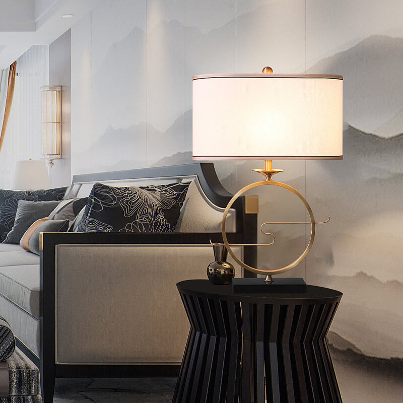 Modern Chinese Brass Ring Base Fabric 1-Light Table Lamp