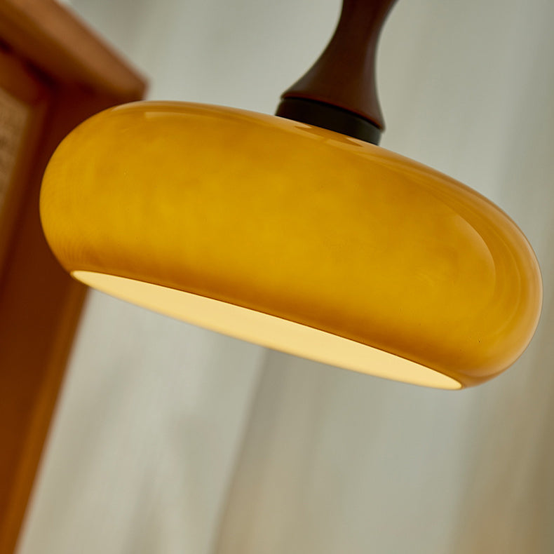 Contemporary Retro Wood Iron Glass Drum Round 1-Light Pendant Light For Dining Room