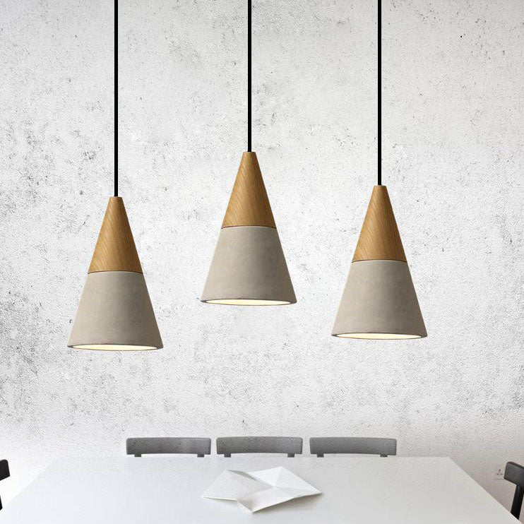 Contemporary Industrial Round Cone Triangle Cement Rubber Wood 1-Light Pendant Light For Living Room