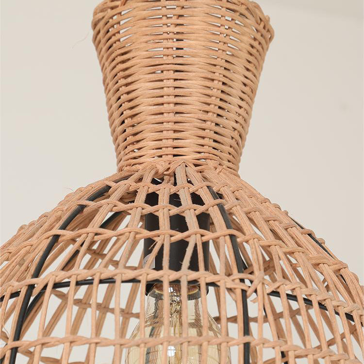 Traditional Japanese Round Bell Rattan Mesh Shade 1-Light Pendant Light For Living Room