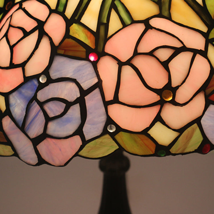 Traditional Tiffany Rose Flower Stained Glass Dome 1-Light Table Lamp For Bedroom