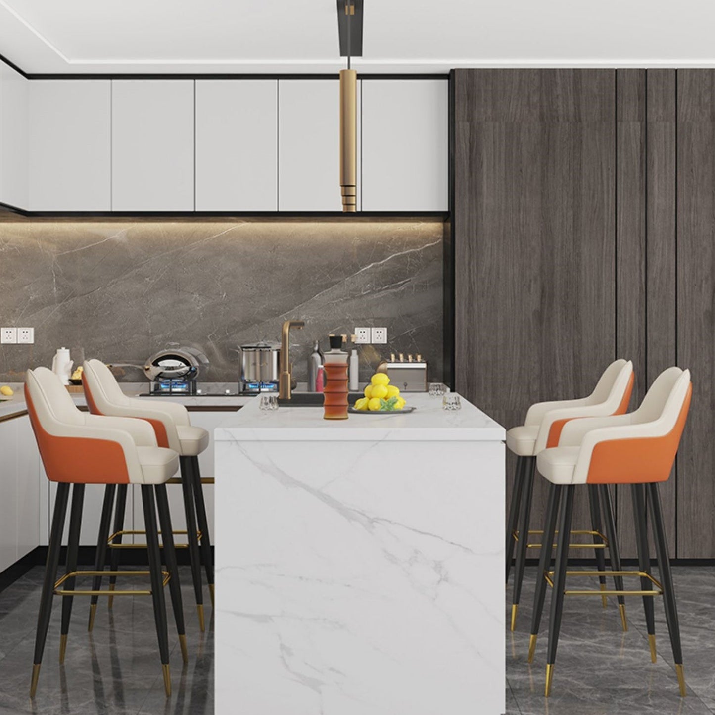 Modern Minimalist Square Wave Backrest Artificial Leather Carbon Steel Bar Stool Armrest For Dining Room