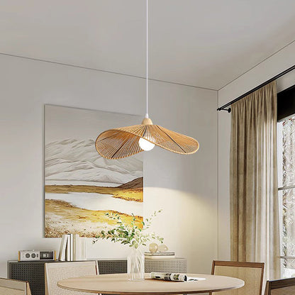 Traditional Vintage Wood Paper Rope Weaving Straw Hat Shape 1-Light Pendant Light For Living Room
