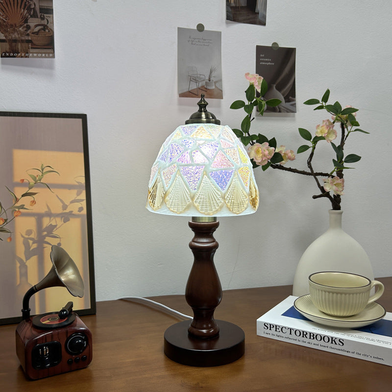 Traditional Vintage Wood Glass Hemispheroid Shell Lozenge 1-Light Table Lamp For Bedside