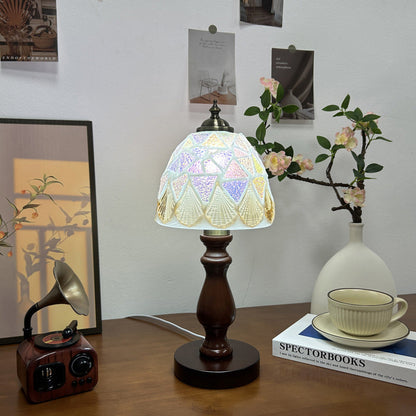 Traditional Vintage Wood Glass Hemispheroid Shell Lozenge 1-Light Table Lamp For Bedside