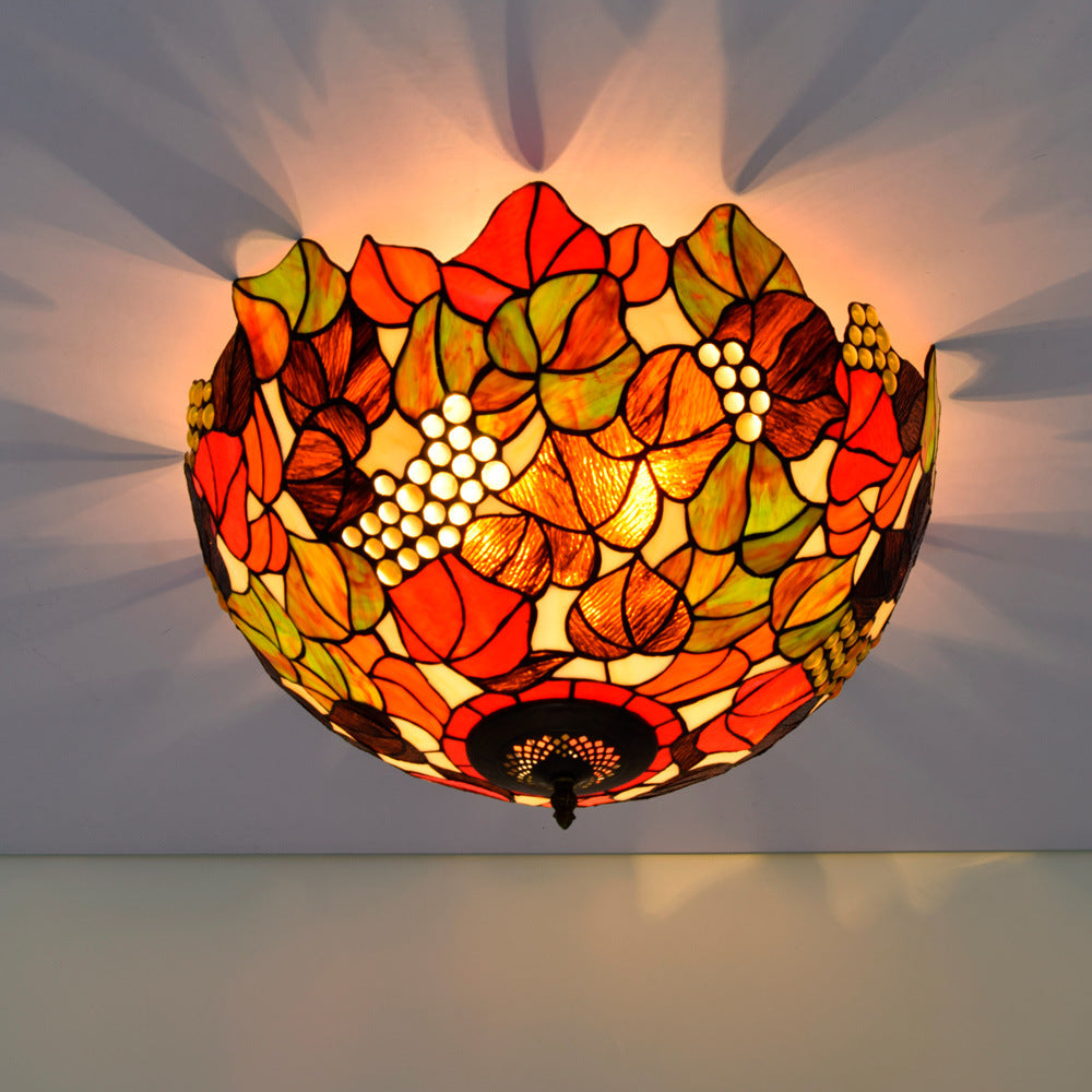 European Vintage Rustic Tiffany Stained Glass Iron 5-Light Flush Mount Lighting