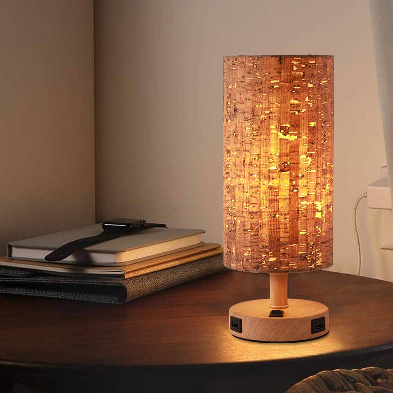 Modern Wood Grain Fabric Shade 1-Light Table Lamp