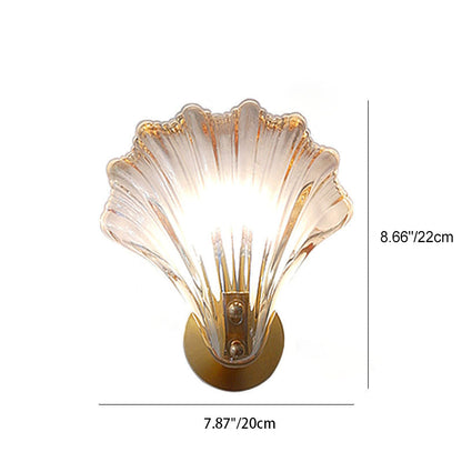 Modern Art Deco Scalloped Shell Amber Glass Shade Brass Frame 1-Light Wall Sconce Lamp For Bedroom