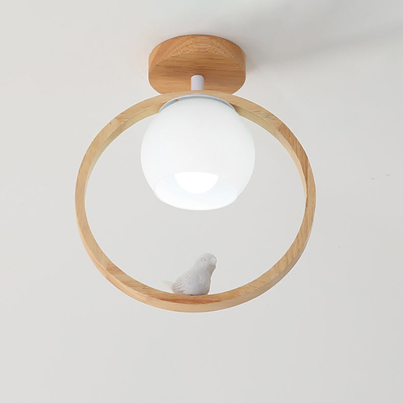 Traditional Japanese Wood Circle Ring Glass Ball Shade Bird 1-Light Semi-Flush Mount Ceiling Light For Living Room