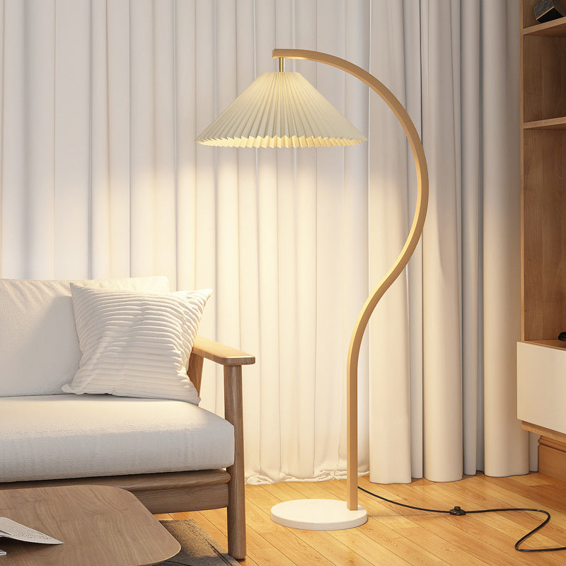 Japanese Minimalist Pleated Fabric Curved Iron 1-Light Standing Floor Lamp