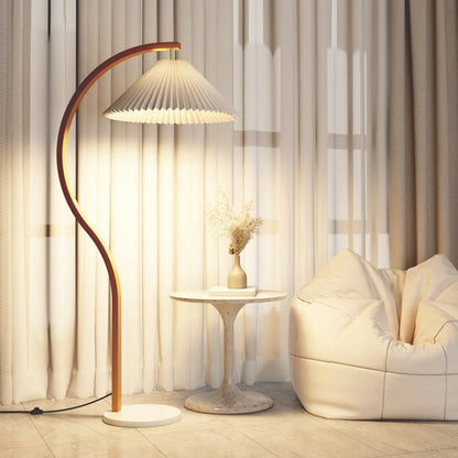 Japanese Minimalist Pleated Fabric Curved Iron 1-Light Standing Floor Lamp