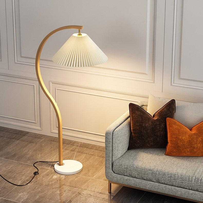 Japanese Minimalist Pleated Fabric Curved Iron 1-Light Standing Floor Lamp