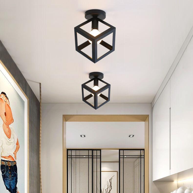 Wrought Iron 1-Light Square Shade Semi-Flush Mount Lighting