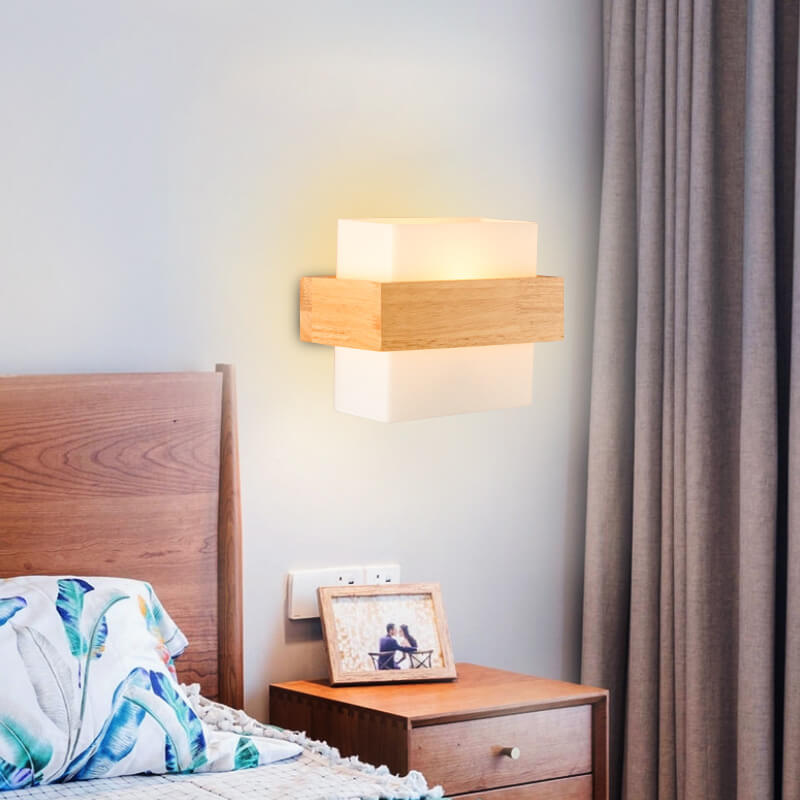 Modern Wooden Glass Square 1-Light Wall Sconce Lamp