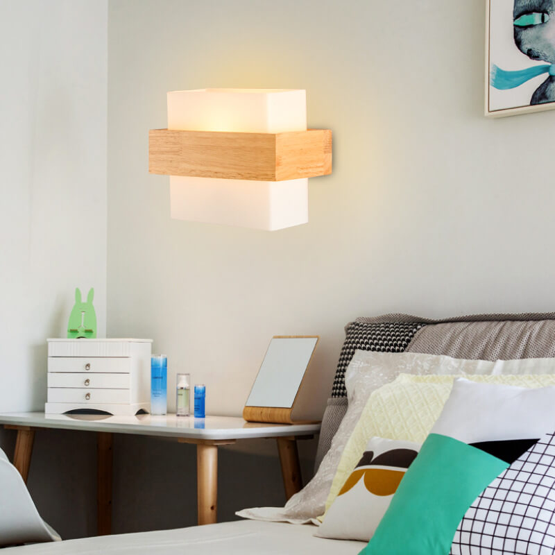 Modern Wooden Glass Square 1-Light Wall Sconce Lamp