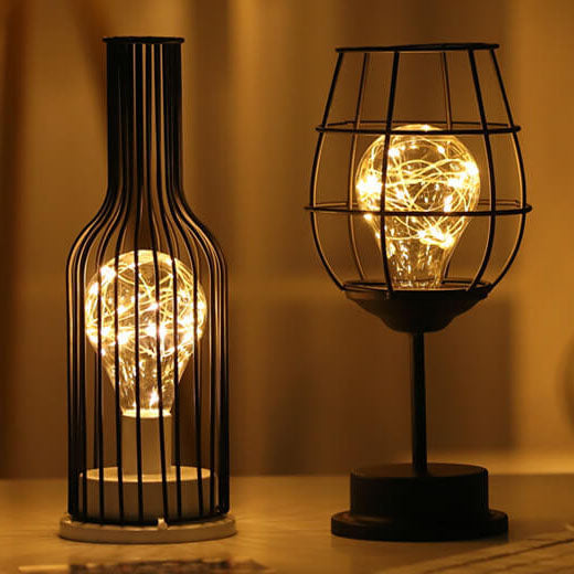 Retro Wrought Iron Wine Bottle Night Light Table Lamp
