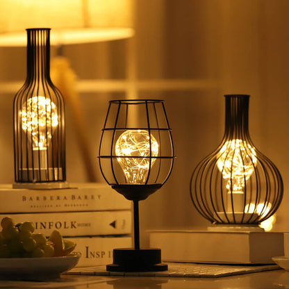 Retro Wrought Iron Wine Bottle Night Light Table Lamp
