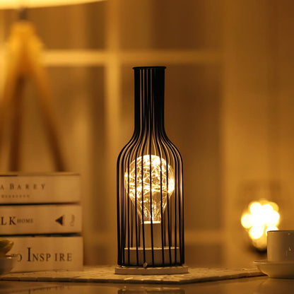 Retro Wrought Iron Wine Bottle Night Light Table Lamp
