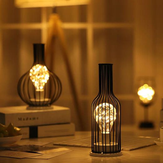 Retro Wrought Iron Wine Bottle Night Light Table Lamp