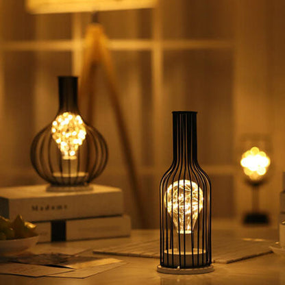 Retro Wrought Iron Wine Bottle Night Light Table Lamp