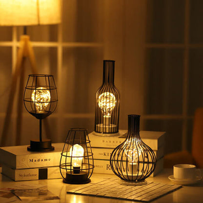 Retro Wrought Iron Wine Bottle Night Light Table Lamp