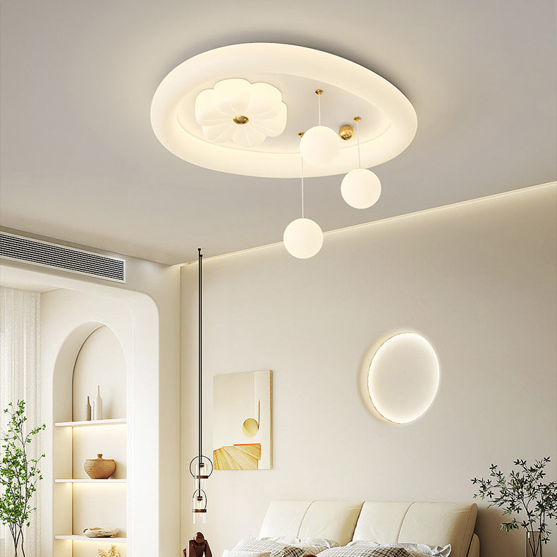 Modern Art Deco Oval Cream Bubble Flower Moon PE Iron LED Flush Mount Ceiling Light For Living Room