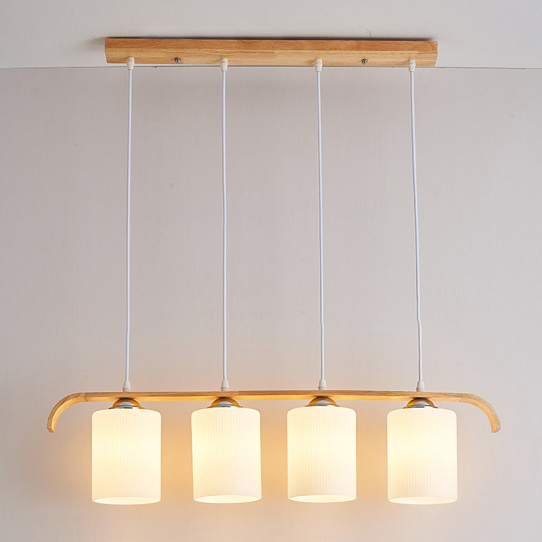 Contemporary Scandinavian Long Cylinder Glass Wood 4-Light Island Light Chandelier For Living Room