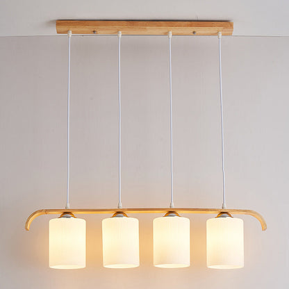 Contemporary Scandinavian Long Cylinder Glass Wood 4-Light Island Light Chandelier For Living Room
