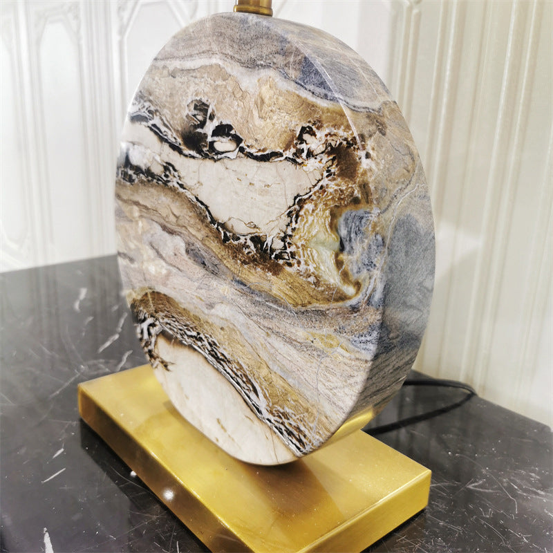 Traditional Chinese Round Rectangular Marble Fabric Metal Base 1-Light Table Lamp For Living Room