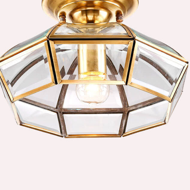 Modern Luxury Octagonal Brass Crystal Glass 1-Light Semi-Flush Mount Ceiling Light
