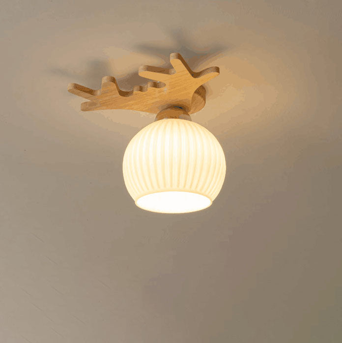 Nordic Simple Solid Wood Antler Glass Dome 1-Light Semi-Flush Mount Ceiling Light