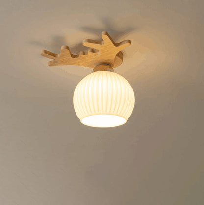 Nordic Simple Solid Wood Antler Glass Dome 1-Light Semi-Flush Mount Ceiling Light