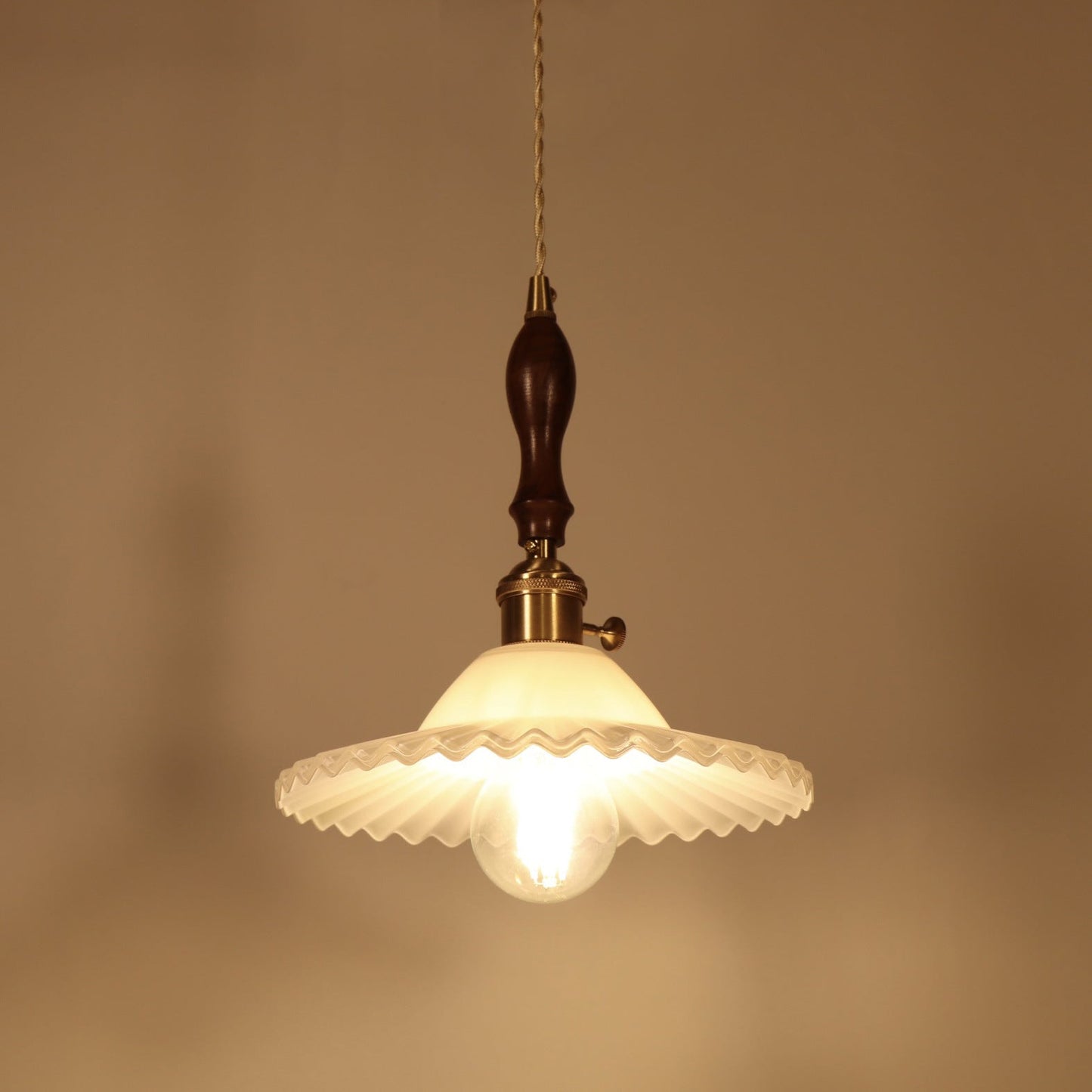 Traditional Japanese Wood Pleated Glass Round Shade 1-Light Pendant Light For Living Room