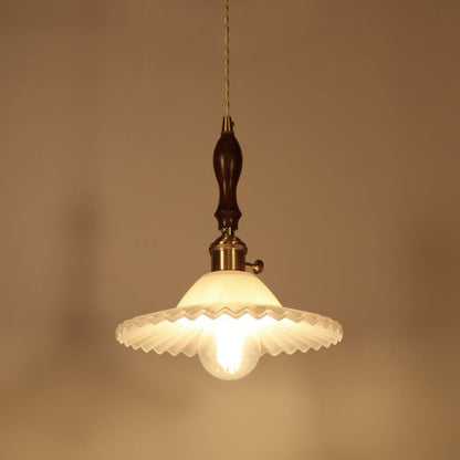 Traditional Japanese Wood Pleated Glass Round Shade 1-Light Pendant Light For Living Room