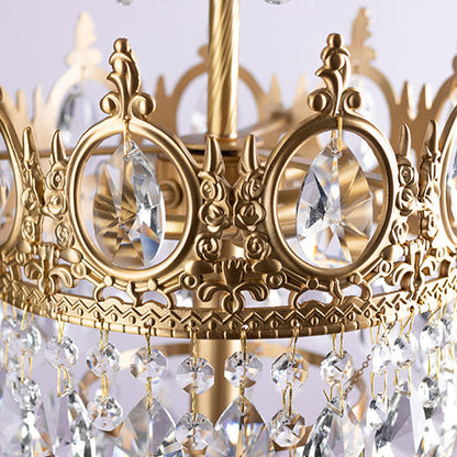 Traditional Luxury Copper Brass Crystal Crown Pendant 3-Light Standing Floor Lamp For Bedroom