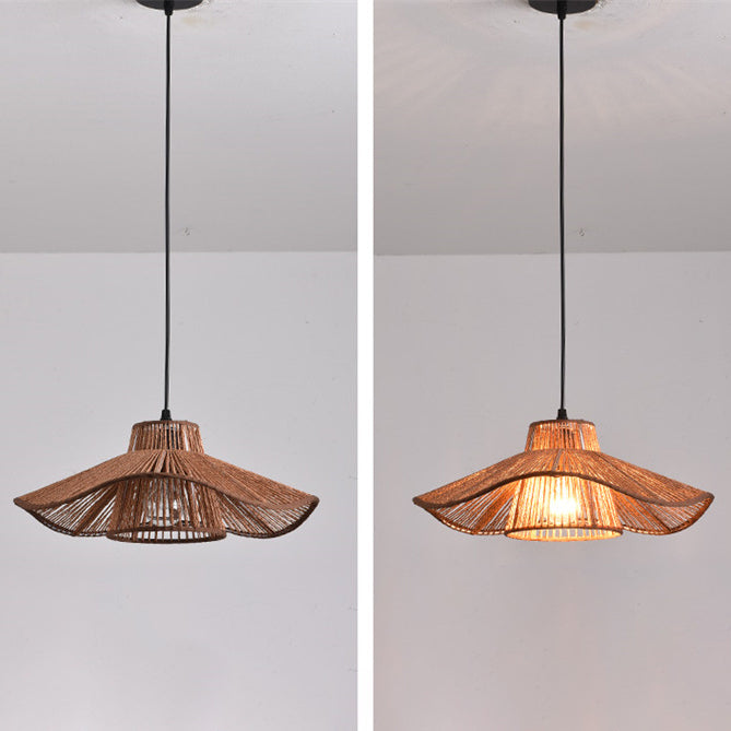 Traditional Vintage Weaving Iron Paper Rope Hat Cylinder 1-Light Pendant Light For Dining Room