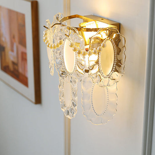 Contemporary Luxury Gold Finish Frame Pearl Water Grain Glass Sheet 2-Light Wall Sconce Lamp For Living Room