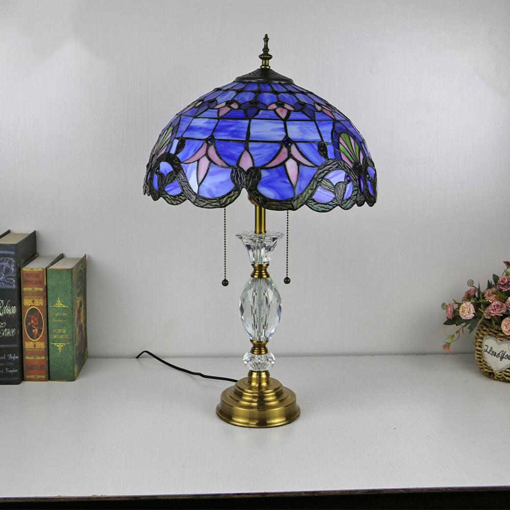 Traditional Tiffany Vintage Baroque Round Stained Glass 2-Light Table Lamp For Bedroom