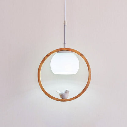 Nordic Minimalist Glass Wood Ring Bird Design 1-Light Pendant Light