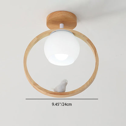 Traditional Japanese Wood Circle Ring Glass Ball Shade Bird 1-Light Semi-Flush Mount Ceiling Light For Living Room