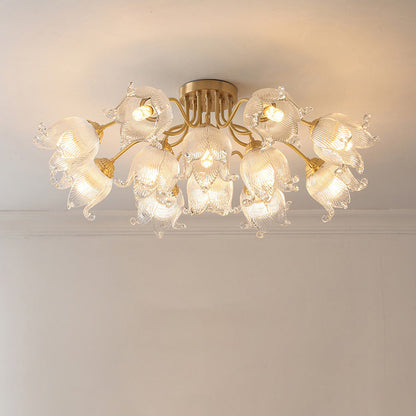 Traditional European Copper Glass Flower 5/12/15 Light Semi-Flush Mount Ceiling Light For Living Room