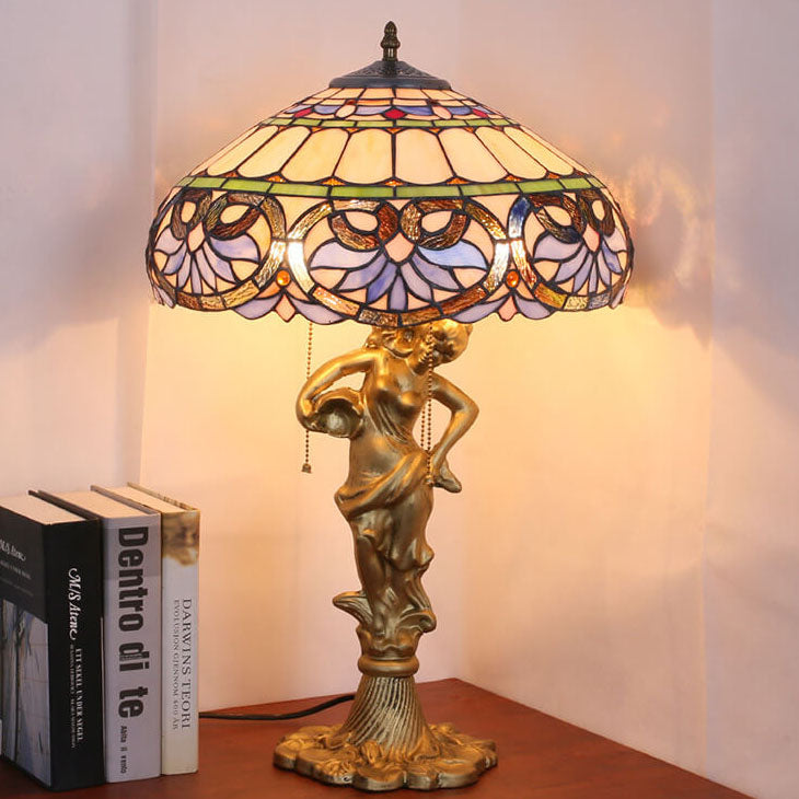 Vintage Tiffany Peach Heart Baroque Stained Glass 2/3-Light Table Lamp