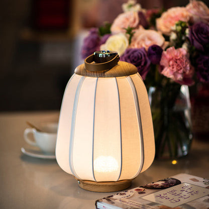 Traditional Chinese Leather Wood Stainless Steel Fabric Flower Bamboo Leaf Rechargeable LED Hanging Table Lamp For Bedside