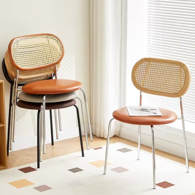 Contemporary Vintage Round Rectangular Solid Wood Metal Genuine Leather Dining Chair Backrest For Dining Room