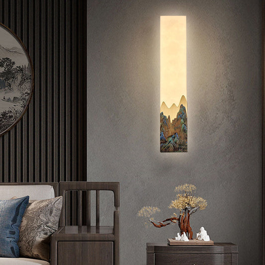 Traditional Chinese Marble All-Copper Rectangular LED Wall Sconce Lamp For Bedroom