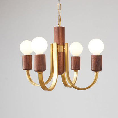 Contemporary Vintage Curved Rod Cylinder Candlestick Shape Copper Wood 3/4/5 Light Chandelier For Living Room