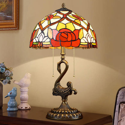 European Luxury Stained Glass Swan Base Copper 2-Light Table Lamp