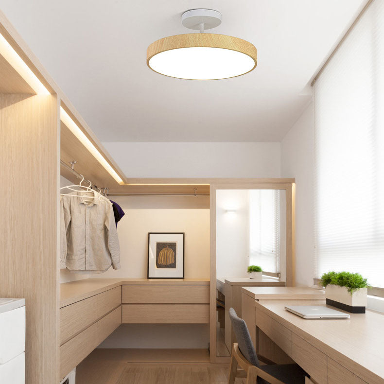 Japanese Wabi-sabi Minimalist Wood Grain Round LED Semi-Flush Mount Light