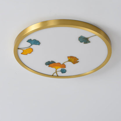 Traditional Chinese Copper Acrylic Round Lotus Bamboo Ginkgo Leaves LED Flush Mount Ceiling Light For Living Room
